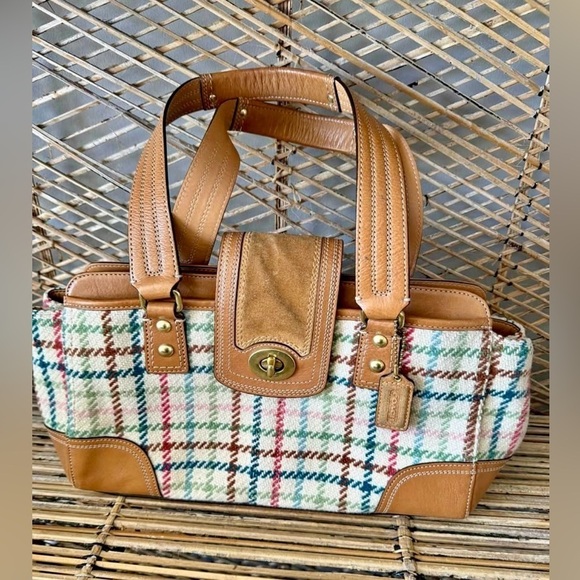 COACH Hamptons Tattersall Wool Tweed Plaid Handbag Purse - Picture 4 of 6